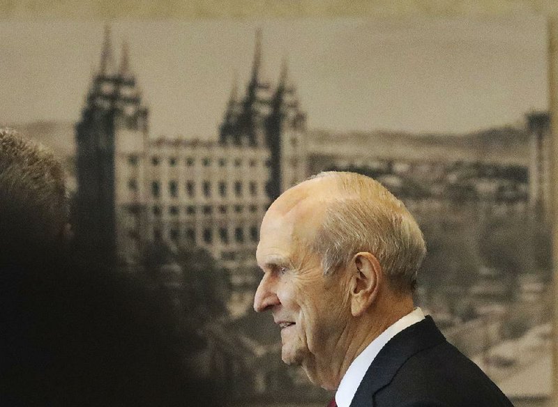 The Church of Jesus Christ of Latter-day Saints President Russell Nelson departs after a news conference at the Temple Square South Visitors Center on April 19 in Salt Lake City. 