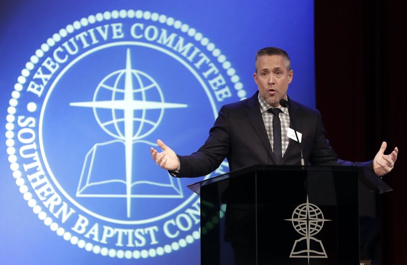 FILE - In this Monday, Feb. 18, 2019 file photo, Southern Baptist Convention President J.D. Greear speaks to the denomination's executive committee in Nashville, Tenn., after a newspaper investigation revealed hundreds of sexual abuse cases by Southern Baptist ministers and lay leaders over the past two decades. On Tuesday, June 11, 2019, the Southern Baptist Convention gathers for its annual national meeting with one sobering topic -- sex abuse by clergy and staff -- overshadowing all others. (AP Photo/Mark Humphrey)