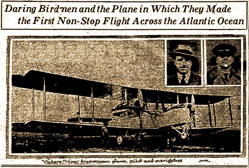 Front page photo collage from the June 16, 1919, Arkansas Gazette reporting the first non-stop trans-Atlantic ocean flight. (Arkansas Democrat-Gazette)