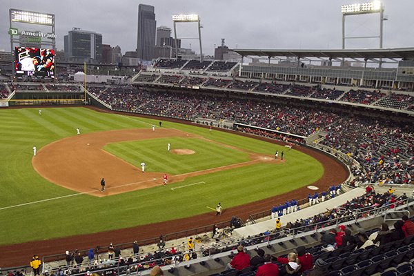 This file photo shows Creighton hosting Nebraska in an NCAA college baseball game in Omaha, Neb., at the home of the College World Series, TD Ameritrade Park. (AP Photo/Nati Harnik)