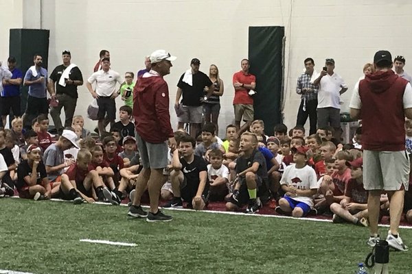 Arkansas Coach Chad Morris addresses more than 240 at Monday's Youth Camp.