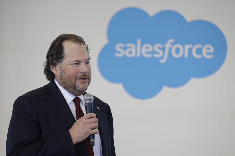 FILE - In this May 16, 2019 file photo, Salesforce chairman Marc Benioff speaks during a news conference, in Indianapolis. Salesforce is buying Tableau Software in an all-stock deal valued at $15.7 billion. The buyout is expected to close during Salesforce&#x2019;s fiscal 3rd quarter. (AP Photo/Darron Cummings, File)