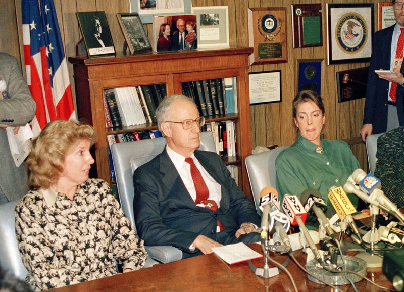 In this March 26, 1988 file photo, prosecutor Linda Fairstein, left, is shown during a news conference in New York. Fairstein was the top Manhattan sex crimes prosecutor when five teenagers were wrongly charged with the 1989 rape and beating of a woman jogging in New York's Central Park. Since the release of the Netflix series "When They See Us," a miniseries that dramatizes the events surrounding the trial, she has resigned from at least two nonprofit boards as backlash from the case intensified. Seated at the table from left are Fairstein, District Attorney Robert Morgenthau, and Ellen Levin, whose daughter Jennifer Levin was murdered in 1986. (AP Photo/Charles Wenzelberg, File)