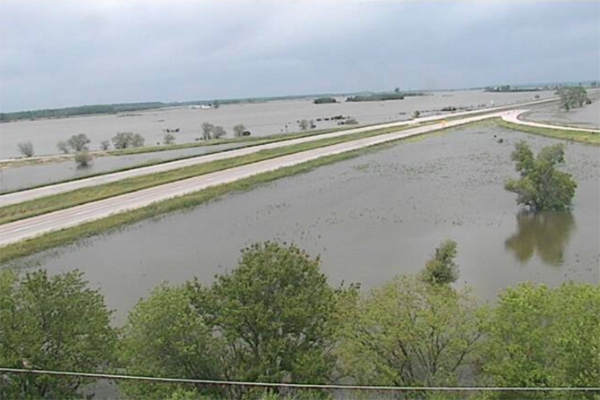 This Iowa Department of Transportation camera screenshot shows Interstate 29 at the intersection of North 200th St. in Percival, Iowa, on Tuesday, June 11, 2019. Flooding along the Missouri River has I-29 and multiple state highways closed in Missouri, Iowa and Nebraska, which will reroute many Arkansas fans driving to the College World Series this weekend.