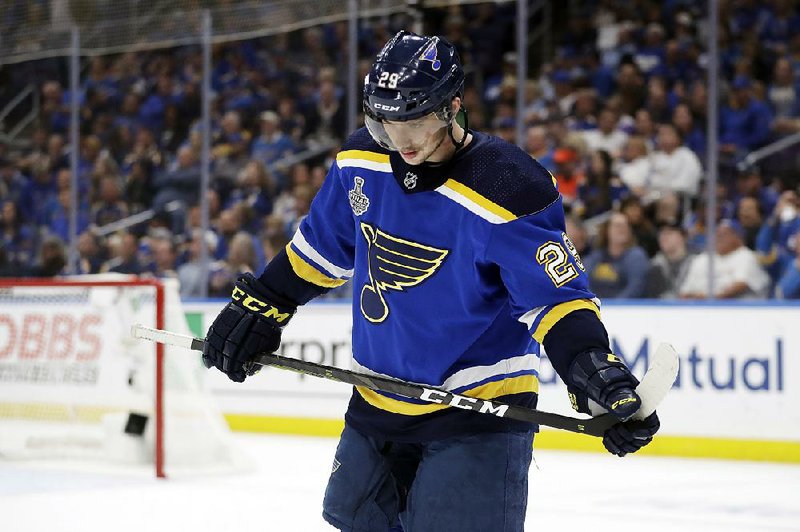 St. Louis Blues defenseman Vince Dunn skates away from the net after the Boston Bruins score during the third period of Game 6 of the NHL hockey Stanley Cup Final Sunday, June 9, 2019, in St. Louis. (AP Photo/Jeff Roberson)