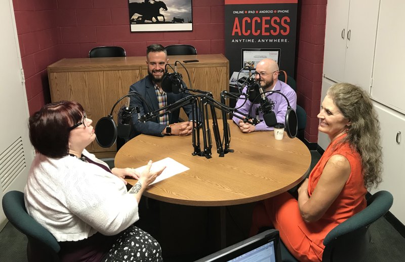 Becca Martin-Brown (from left), Northwest Arkansas Democrat-Gazette features editor, Joseph Farmer, Arkansas Public Theatre executive director and director of "A Doll's House, Part 2," Kris Isham, who plays Torvald and Kate Taylor Williams, who plays Nora.