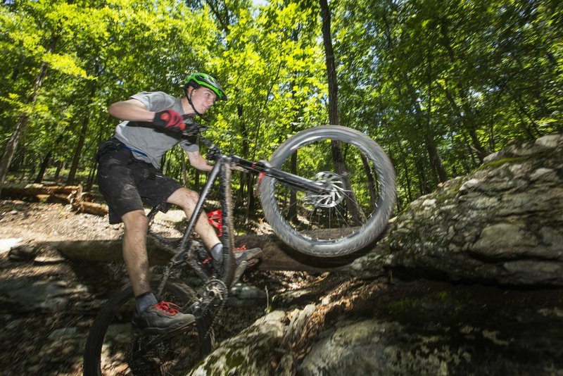 NWA Democrat-Gazette/BEN GOFF @NWABENGOFF Graham Hassion, a trailbuilder with Rogue Trails, takes an optional technical line on the Karst Loop June 8 during the grand opening of the Monument Trails at Hobbs State Park.