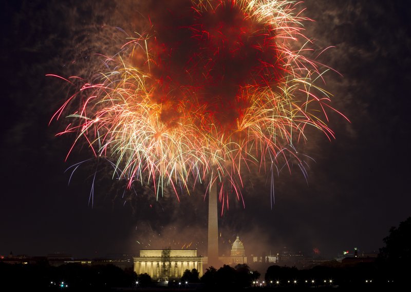 In this July 4, 2018, file photo, fireworks explode over Lincoln Memorial, Washington Monument and U.S. Capitol, along the National Mall in Washington, during the Fourth of July celebration. Independence Day is just over three weeks away, and nobody in Washington seems to know exactly what the July 4 celebrations in the nation's capital will look like.  (AP Photo/Jose Luis Magana, File)