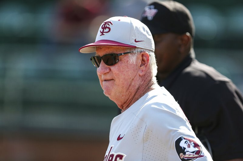 FILE - This May 8, 2019, file photo shows Florida State head coach Mike Martin prior to an NCAA college baseball game against Stetson, in Deland, Fla. Florida State&#x2019;s Mike Martin improbably has one last chance to earn the College World Series title that has eluded college baseball&#x2019;s winningest coach throughout his illustrious 40-year career. Martin, 75, is retiring at the end of the season. (AP Photo/Gary McCullough, file)