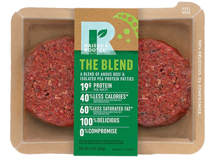 This undated product image provided by Tyson Foods, Inc. shows a plant-based meat alternative made by Tyson Foods. The blended burger made from beef and pea protein will follow this fall. The product will be sold under a new brand, Raised and Rooted, which will continue to develop new plant-based products and blends. (Kevin Smith/Tyson Foods, Inc. via AP)