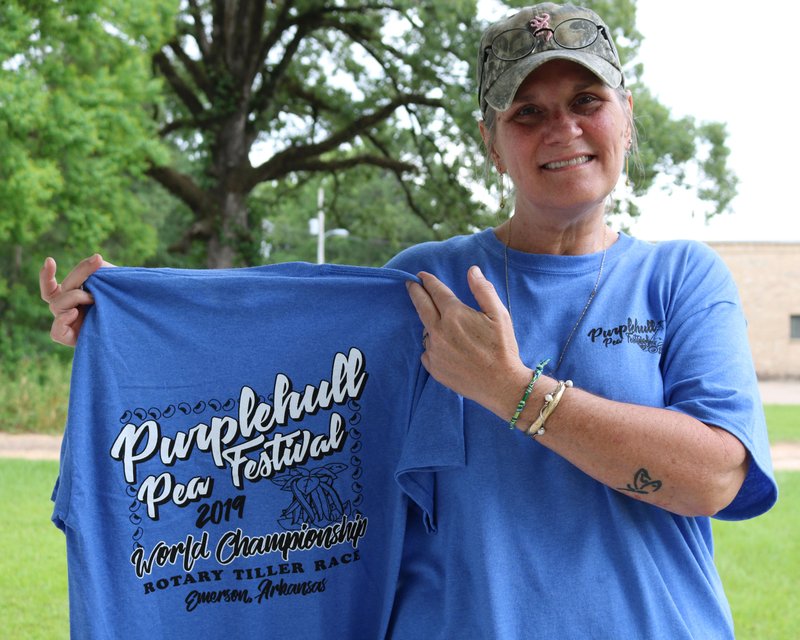 PurpleHull Pea Festival Chairman DeeAnne Meyer shows off the 2019 “Pea-Shirt.”