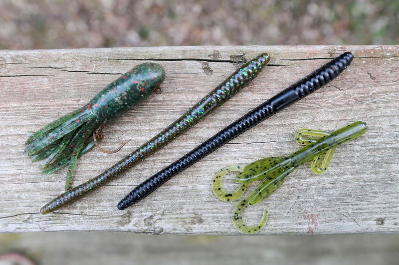 Plastic worms (center), tube baits (left) and Zoom Tiny Brush Hogs are shown in this file photo.
