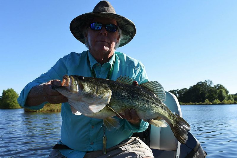 Ray Tucker of Little Rock caught these two bass (shown with one) on back-to-back casts Thursday at a private lake near Carlisle while fishing in a friendly “tournament” against Roddy McCaskill of Carlisle and Vic Hiryak of Little Rock.