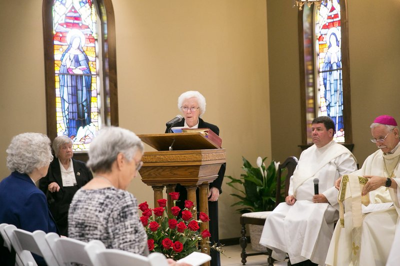Special to the Democrat-Gazette/KAREN SCHWARTZ Sister Maria DeAngeli, prioress of St. Scholastica, speaks during the dedication of the new monastery in October 2018. DeAngeli, who has led the monastery for the past 10 years, stepped down as prioress June 8 in a closed ceremony at the monastery, one of many changes in the life of the order in recent years.