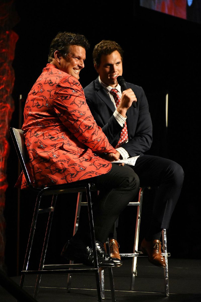 Keynote speaker Hunter Henry of the Los Angeles Chargers, who played at the University of Arkansas and Pulaski Academy, answers a question from KABZ-FM host David Bazzel on Saturday during a question-and-answer session at the Arkansas Democrat-Gazette All-Arkansas Preps banquet, which was held at the Statehouse Convention Center. See more photos at arkansasonline.com/616arkpreps 