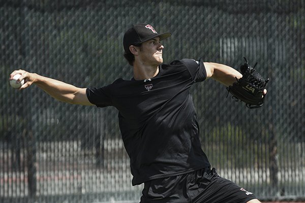 Texas Tech pitcher Bryce Bonnin throws during practice Sunday, June 16, 2019, at Creighton University in Omaha, Neb.