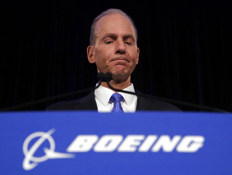 In this Monday, April 29, 2019 file photo, Boeing Chief Executive Dennis Muilenburg speaks during a news conference after the company's annual shareholders meeting at the Field Museum in Chicago. Boeing’s CEO says the company made a “mistake” in handling a problematic cockpit warning system in 737 Max jets ahead of two deadly crashes of the top-selling plane. Chief Executive Dennis Muilenburg told reporters in Paris on Sunday, June 16 that the company’s communication “was not consistent,” calling that “unacceptable.”