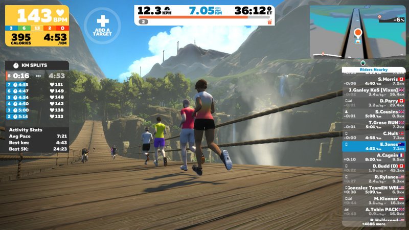 Zwift Zwift Run is an app for use on any treadmill; a footpod or smart shoe transmits data to the app to direct movements of an avatar the user sees running on a screen alongside the avatars of other users, who can message one another. Zwift The company Zwift caters to devoted "tread" fans with virtual classes via apps.