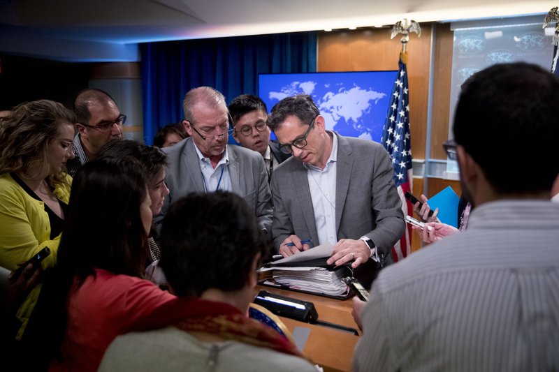 The Associated Press NEWS CONFERENCE: Deputy Spokesperson Robert Palladino speaks with reporters following a news conference at the State Department in Washington, Monday.