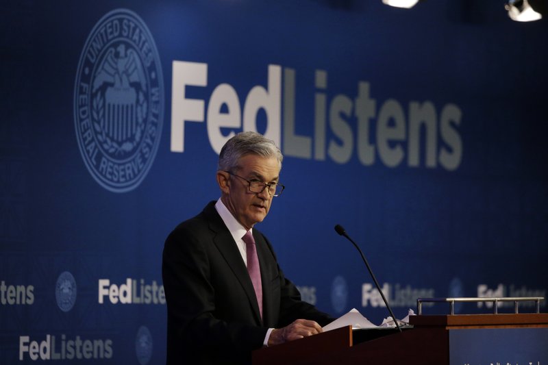 FILE - In this June 4, 2019, file photo Federal Reserve Chairman Jerome Powell speaks at a conference involving its review of its interest-rate policy strategy and communications in Chicago. On Wednesday, June 19, the Federal Reserve releases its latest monetary policy statement and updated economic projections. (AP Photo/Kiichiro Sato, File)