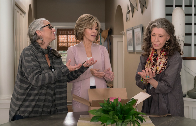 Writer/producer Marta Kauffman (from left), Jane Fonda and Lily Tomlin work on a scene from "Grace and Frankie." (Netflix/AP)
