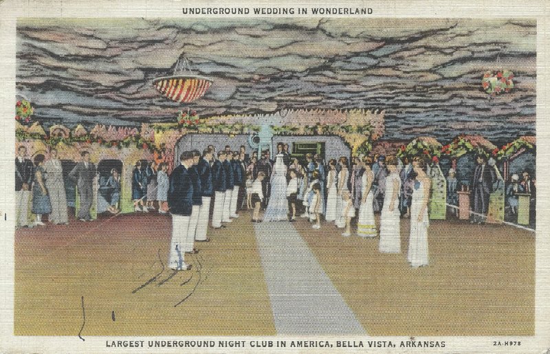 1933 postcard of a wedding inside the famous Wonderland Cave of Bella Vista. Many wonder, as it is unknown, if it could be a capture of the August 11, 1932, Mystery Wedding that married Mrs. Tillie Green and Mr. Bennett A. Shiley of Iowa.