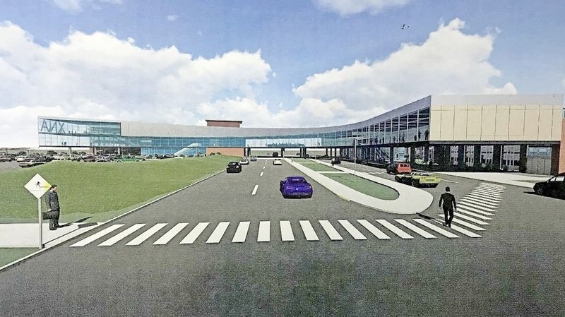 This architect's rendering shows the terminal at the Northwest Arkansas Regional Airport after a proposed renovation. Airport directors on June 12 got preliminary numbers for the project and an idea of what it will look like. Now, they have to find about $60 million to do the work. Drawings by Hight Jackson Associates