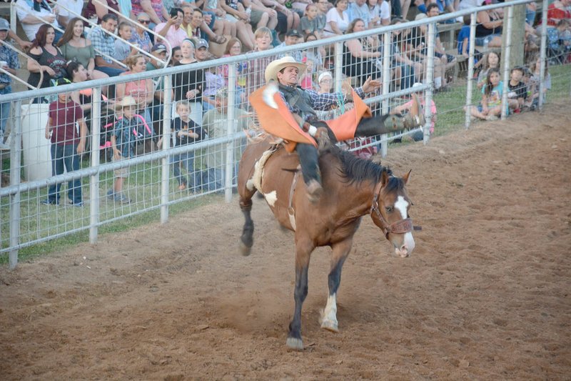 Graham Thomas/Herald-Leader A cowboy competes in bareback riding during the 2018 Siloam Springs Rodeo. The rodeo returns this week and will be held Thursday, Friday and Saturday beginning at 7:30 each night.