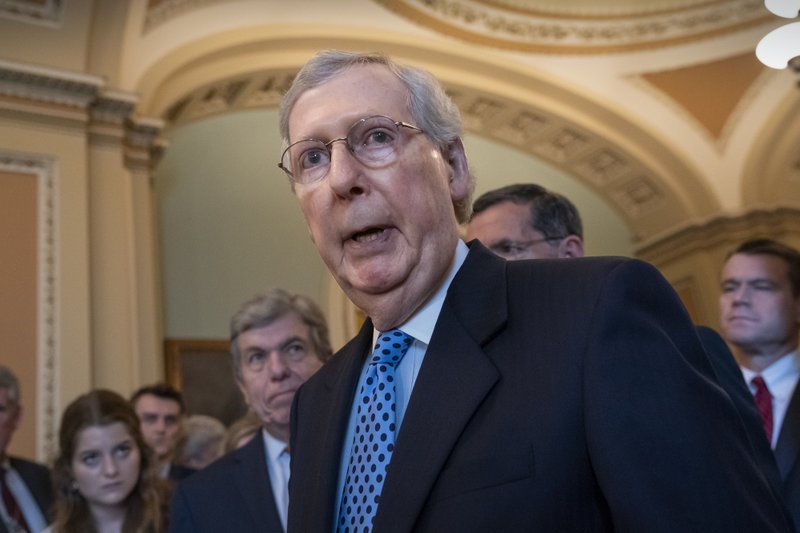 Senate Majority Leader Mitch McConnell, R-Ky., joined by his GOP leadership team, answers questions during a news conference at the Capitol in Washington, Tuesday, June 18, 2019. (AP Photo/J. Scott Applewhite)