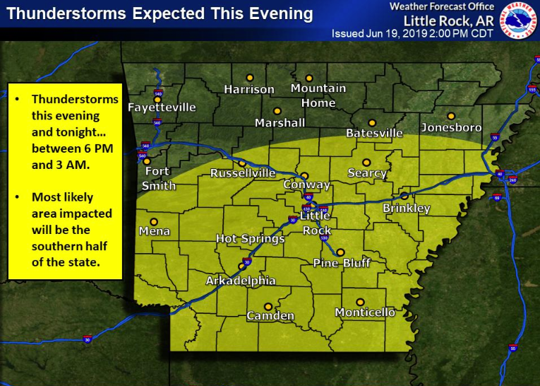 A National Weather Service map shows that forecasters expect thunderstorms to move across the southern portion of the state Tuesday night.