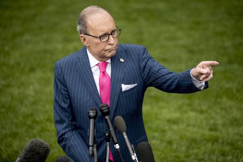 White House chief economic adviser Larry Kudlow speaks to reporters the North Lawn of the White House in Washington, Tuesday, June 18, 2019. 