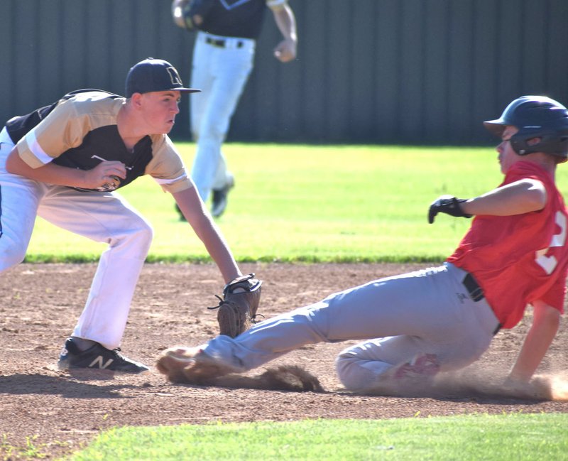 RICK PECK/SPECIAL TO MCDONALD COUNTY PRESS McDonald County's Sampson Boles gets tagged out at second while attempting to take an extra base on a single during McDonald County's 4-2 loss to Neosho on June 11 at MCHS.