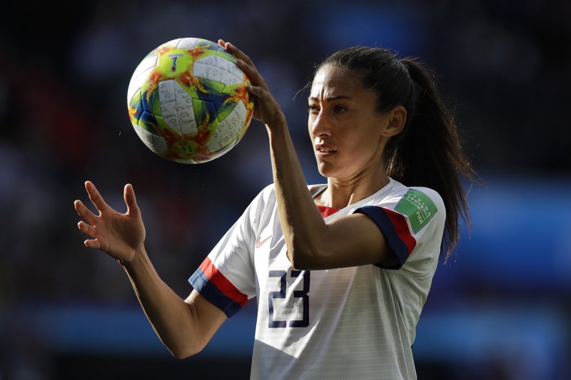 United States' Christen Press catches the ball during the Women's World Cup Group F soccer match between United States and Chile at Parc des Princes in Paris, France, Sunday, June 16, 2019. (AP Photo/Alessandra Tarantino)