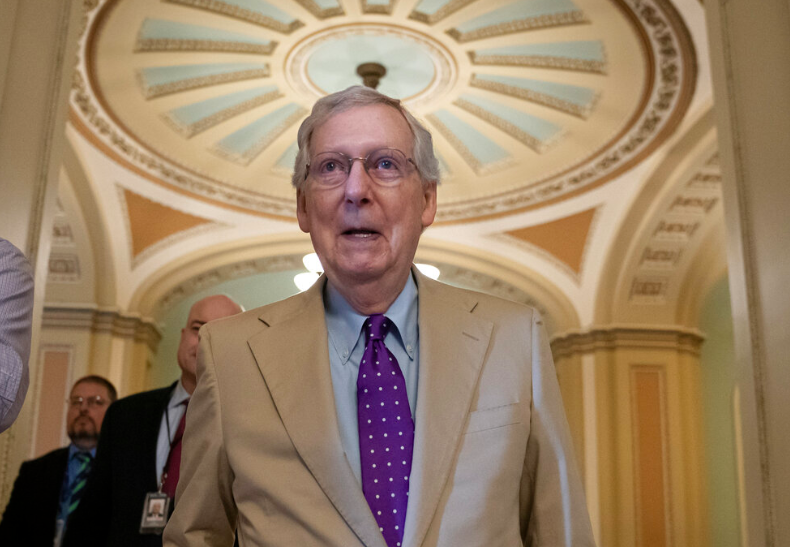 Senate Majority Leader Mitch McConnell, R-Ky., departs the chamber after appealing for lawmakers to vote against more than a dozen resolutions aimed at blocking the Trump administration's sale of weapons to Saudi Arabia, at the Capitol in Washington, Thursday, June 20, 2019. Members of Congress were outraged by the killing of U.S.-based Washington Post columnist Jamal Khashoggi by Saudi agents last year. (AP Photo/J. Scott Applewhite)