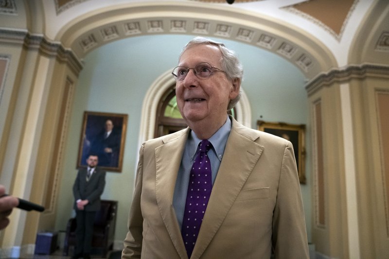 Senate Majority Leader Mitch McConnell, R-Ky., departs the chamber after appealing for lawmakers to vote against more than a dozen resolutions aimed at blocking the Trump administration's sale of weapons to Saudi Arabia, at the Capitol in Washington, Thursday, June 20, 2019. (AP Photo/J. Scott Applewhite)