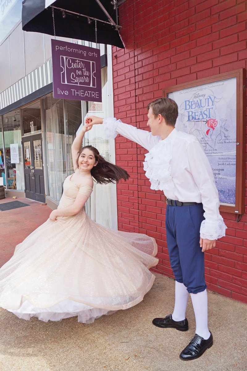 Belle, played by Stephanie Berry, 17, is spun in a twirl by the Beast, portrayed by Jackson Edwards, 18, outside the Center on the Square, 219 W. Arch St. in Searcy, where Disney’s Beauty and the Beast JR. will be presented Thursday through June 30. Tickets are $11 and can be purchased by calling (501) 378-0111 or online at centeronthesquare.org. Stella Jones, 14, not pictured, is double-cast in the role of Belle.