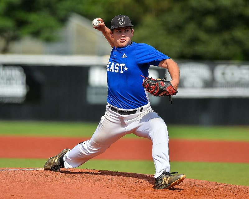 Zane Ryne Neves, an Arkansas signee from Jonesboro, held the West hitless through the fi rst two innings during the Arkansas High School Coaches Association All-Star baseball game Friday at Bear Stadium in Conway. The West ended up winning 7-6 in the opener on its way to a doubleheader sweep. More photos from this game are available at arkansasonline.com/galleries.