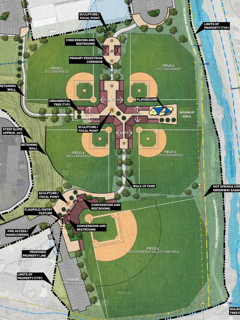 Submitted photo PROPOSED FIELDS: A conceptual master plan for Majestic Park, provided by the Hot Springs Advertising and Promotion Commission, shows the layout of five youth baseball fields at the former site of the Boys & Girls Club of Hot Springs at 109 W. Belding.