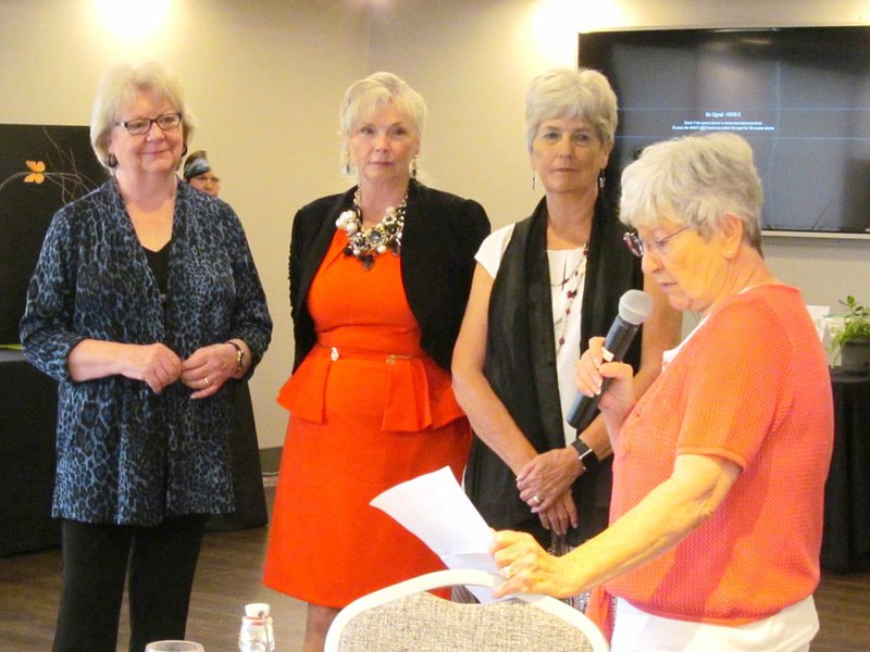 Courtesy photo During the Bella Vista Garden Club June luncheon held at the Lake Point Event Center, special guest Sue Mank (right) of the Rogers Garden Club installed two new officers for the Bella Vista Garden Club. Lee Ann Robinson (from left), assistant treasurer, and Beth Kastl, first vice president, were joined by Judy Jeffrey, president, during the swearing-in ceremony. Other returning Bella Vista Garden Club officers include Val Courter, second vice president; Betty Boling-Stull, assistant second vice president; Linda Neymeyer, secretary; Barb Templin, assistant secretary; and Karen Welch, treasurer. The club meets on the fourth Wednesday of the month at the Bella Vista Community Church, 75 E. Lancashire Blvd. Social time and refreshments begin at 9:30 a.m., and the meeting begins at 10 a.m. The first meeting is scheduled for Aug. 28.