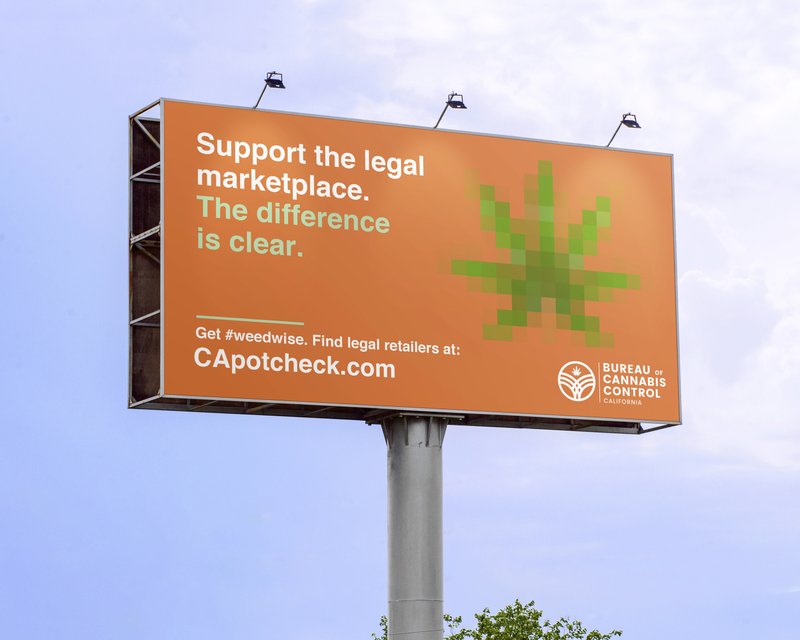 This undated artist rendering provided by the Bureau of Cannabis Control shows a proposed billboard urging consumers to purchase cannabis from only licensed retailers. Aiming to slow illegal pot sales that are undercutting the licensed market, California is kicking off a public information campaign, Get #weedwise, encouraging consumers to verify that the product they are about to buy is tested and legal. (Bureau of Cannabis Control, via AP)