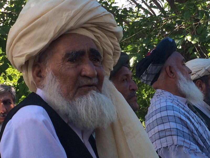 Tribal elders at a June 21, 2019, gathering in a provincial Ghazni village thanked Afghan army officials for liberating their area from the Taliban two weeks ago, driving out the insurgents who had controlled it for more than one year. Washington Post photo by Pamela Constable