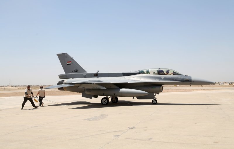 In this Monday, July 20, 2015 file photo, a U.S.- made Iraqi air force F-16 fighter jet prepares to take off during the delivery ceremony at Balad air base, Iraq.  (AP Photo/Khalid Mohammed, File)