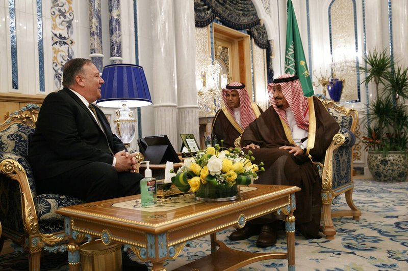 U.S. Secretary of State Mike Pompeo, left, meets with King Salman, right, at Al Salam Palace in Jeddah, Saudi Arabia, Monday, June 24, 2019. Pompeo is conducting consultations during a short tour of the Middle East, including visits to Saudi Arabia and United Arab Emirates. (AP Photo/Jacquelyn Martin, Pool)