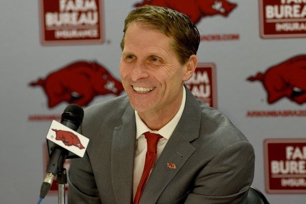 Eric Musselman speaks at a press conference after his introduction as the new head coach of men's basketball at the University of Arkansas by Athletic Director Hunter Yurachek Monday, April 8, 2019 in Bud Walton Arena on the campus in Fayetteville. During the previous four seasons, Musselman coached the University of Nevada in Reno to a 110-34 record.