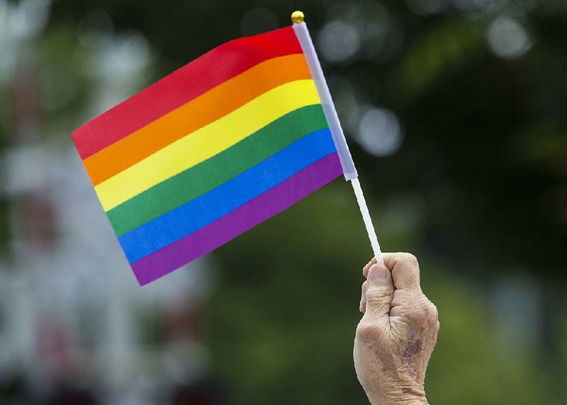 A spectator waves a rainbow flag Saturday, June 15, 2019, during the annual Northwest Arkansas Pride Festival parade on Dickson Street in Fayetteville. 