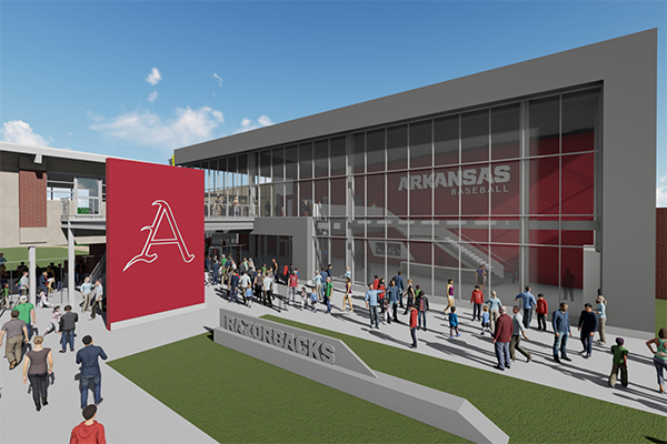 An artist's rendering shows the exterior of a proposed baseball operations center on the grounds of Baum-Walker Stadium in Fayetteville.