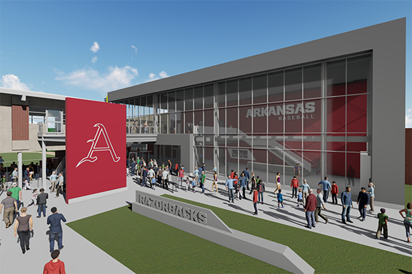 An artist's rendering shows the exterior of a proposed baseball operations center on the grounds of Baum-Walker Stadium in Fayetteville. 