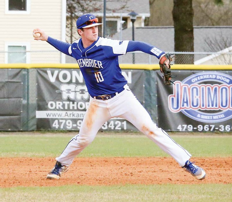 Greenbrier junior baseball player Cayden Wallace makes a throw to first base during this past season. Wallace is the 2019 River Valley & Ozark Edition Baseball Player of the Year. 