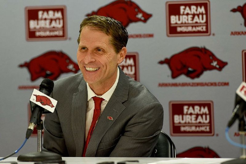 NWA Democrat-Gazette/DAVID GOTTSCHALK Eric Musselman speaks at a press conference after his introduction as the new head coach of men's basketball at the University of Arkansas by Athletic Director Hunter Yurachek Monday, April 8, 2019 in Bud Walton Arena on the campus in Fayetteville. During the previous four seasons, Musselman coached the University of Nevada in Reno to a 110-34 record.
