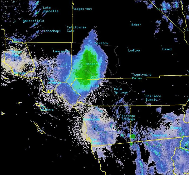 Green marks on this National Weather Service radar image from June 4 indicates a swarm of ladybugs 80 miles wide over Southern California.